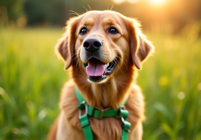 Cane felice con collare in materiali naturali in un parco soleggiato