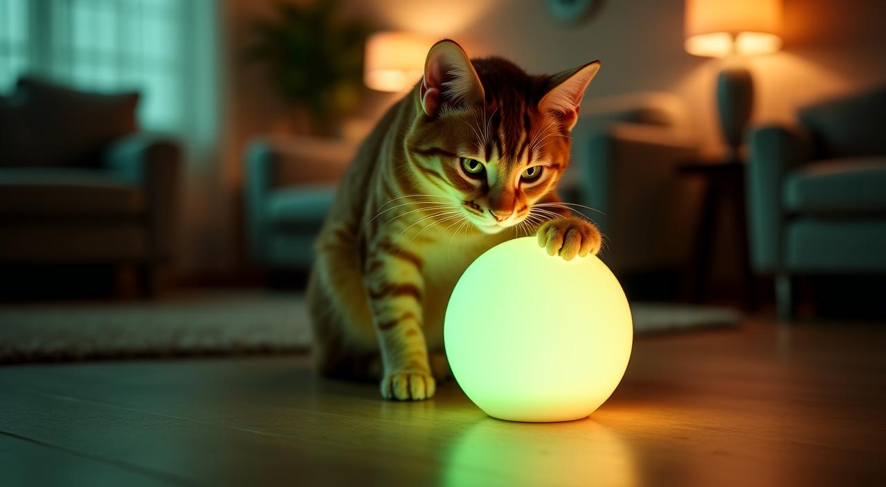 Gatto curioso che gioca con una palla luminosa a LED