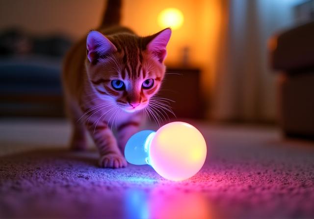 Un gatto vivace che gioca con una pallina luminosa al crepuscolo