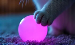 Gatto che gioca con pallina luminosa al crepuscolo