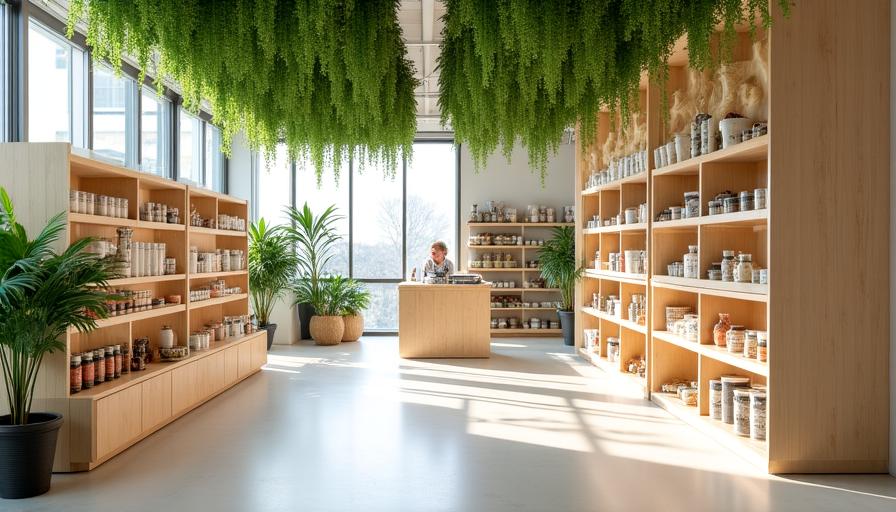Il design del negozio LuminaPaws a Roma con scaffali in legno e piante