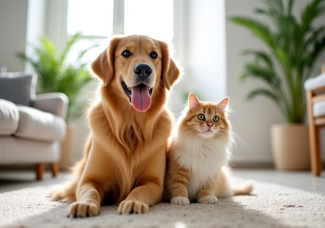 Un cane e un gatto felici in un ambiente domestico luminoso