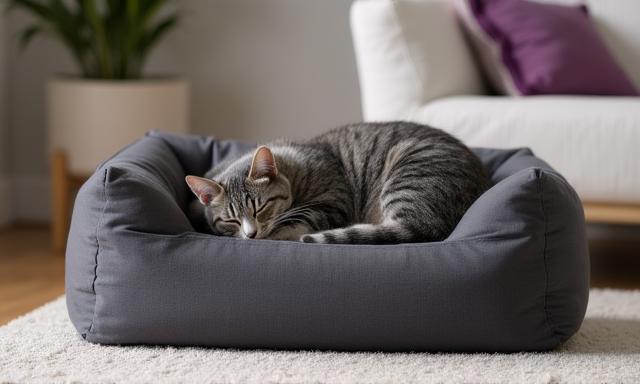 Gatto che dorme su un cuscino ortopedico elegante