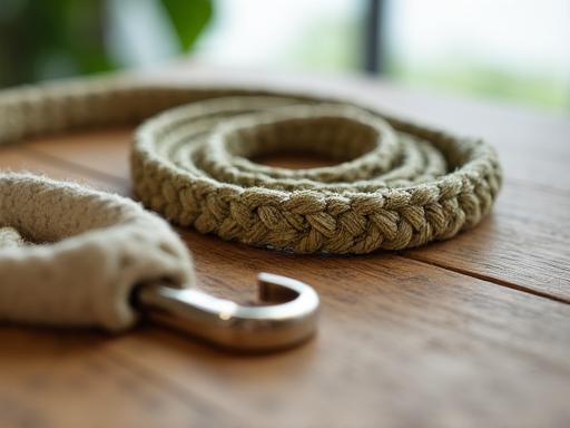 Dettaglio di guinzagli in materiali naturali come canapa e metallo riciclato