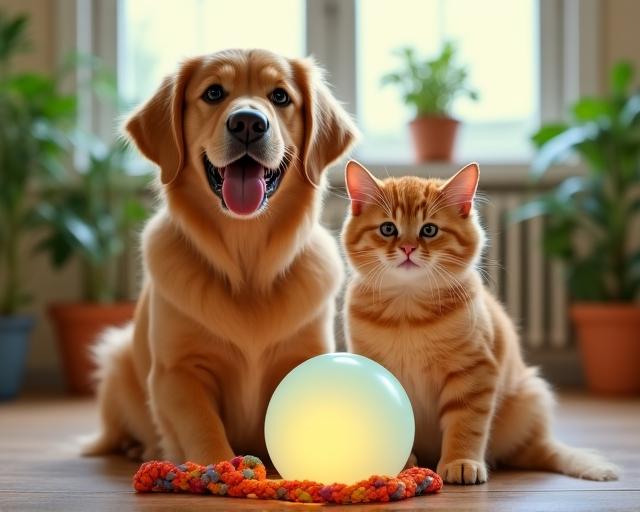 Cane e gatto felici giocano con accessori luminosi